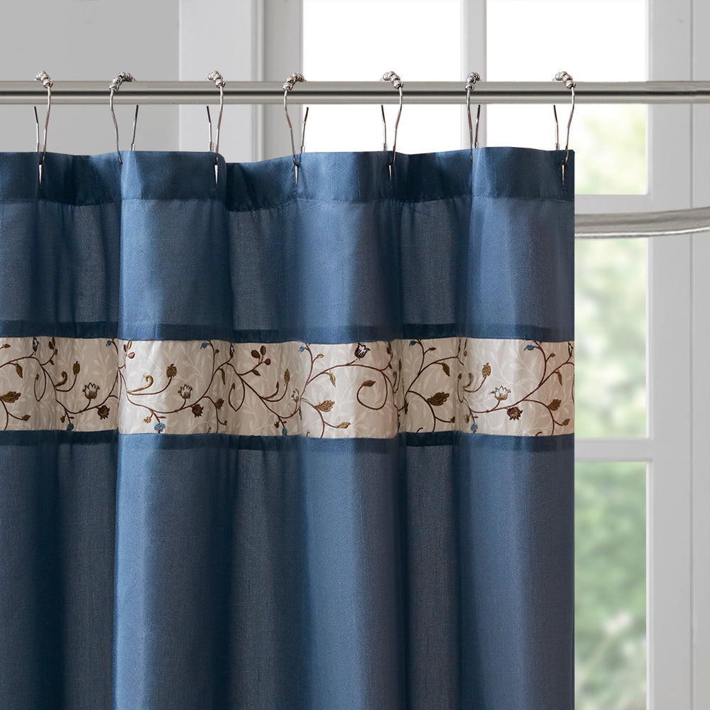 JLA Home Madison Park - Faux silk floral shower curtain in navy with tone-on-tone embroidery, hotel-inspired luxury look MP70-3452