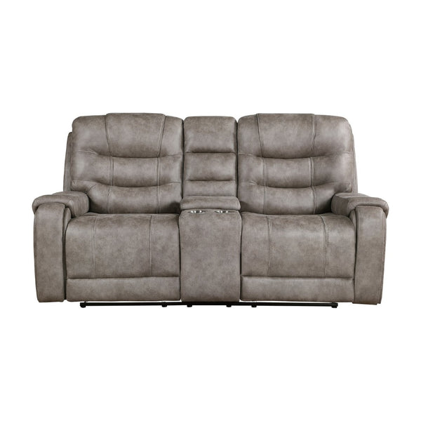 English Elm Grayish Brown Microfiber Reclining Sofa Set with Console Storage for Living Room B011S01264