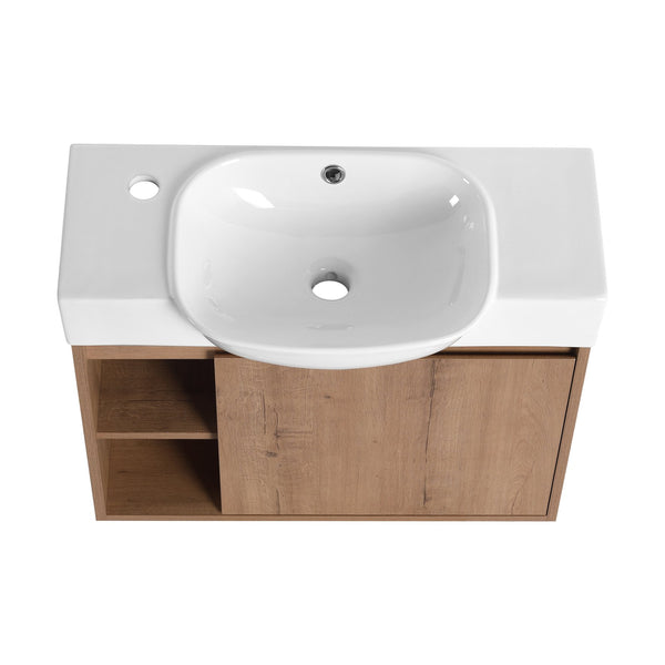English Elm 26'' Wall-Mounted Bathroom Vanity with Glossy White Ceramic Sink, Soft-Close Door & Waterproof Finish Imitative Oak W999P310752