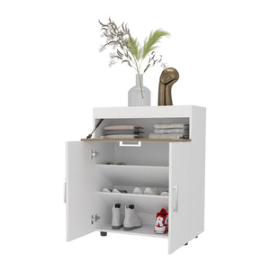 English Elm FM North Fork Shoe Rack with Pneumatic Lift-Up Compartment, Dual Doors, Scratch-Resistant Oak White Finish B128P301388