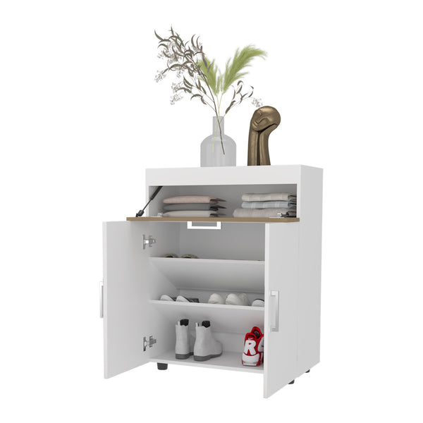 English Elm FM North Fork Shoe Rack with Pneumatic Lift-Up Compartment, Dual Doors, Scratch-Resistant Oak White Finish B128P301388