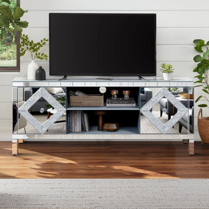 English Elm Mirrored Tv Stand For 65"+ Tvs - Antique Silver Console With Open Storage & Stylish Diamond Doors W1445P204027