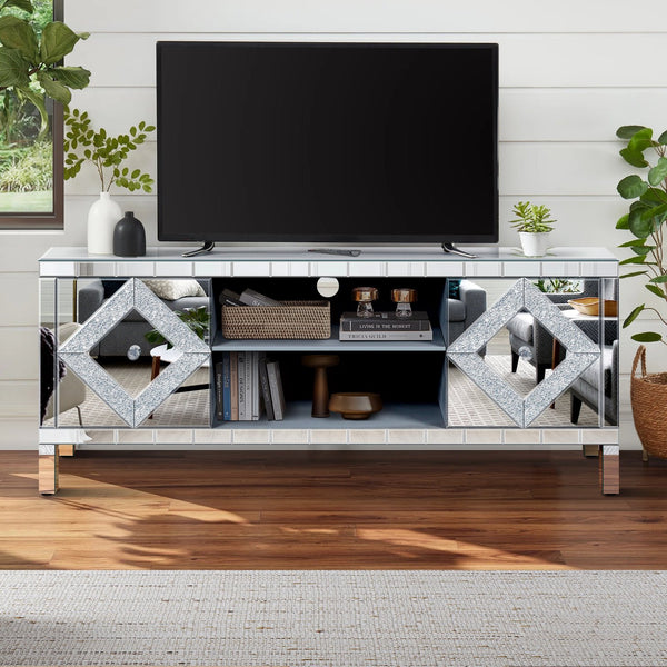 English Elm Mirrored Tv Stand For 65"+ Tvs - Antique Silver Console With Open Storage & Stylish Diamond Doors W1445P204027