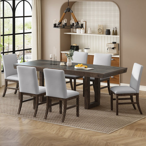 English Elm TOPMAX 7-Piece Extendable Dining Set with 12" Self-Hidden Butterfly Leaf and Upholstered Chairs, Distressed White Wire-Brushed Finish Brown SP000059AAD