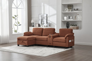 English Elm United Corduroy L-Shaped 4-Seater Sofa With Usb, Cup Holders & Storage Ottoman - Perfect For Apartments! W1568S00225-GIGA