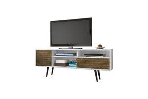 English Elm Liberty 71" TV Stand with Mid-Century Splayed Legs, Wire Management, Drawer & Cubby Storage Brown+White B365P398397