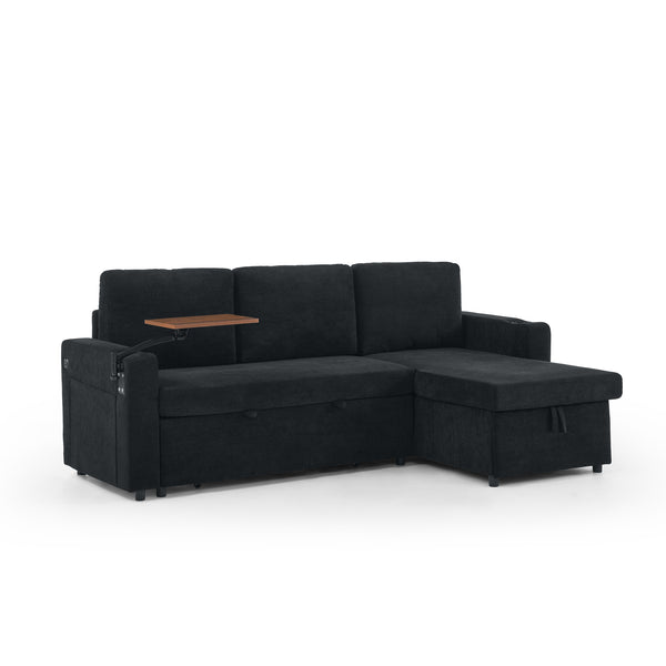 English Elm Modern Chenille Pull-Out Bed Sofa With Led Lights, Usb Ports, Cup Holders & Retractable Table, Black W1413S00098