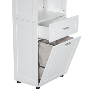 English Elm Tall Bathroom Cabinet with Tilt-Out Laundry Hamper, Adjustable Shelves, Anti-Tip Design & Large Storage White WF323481AAK