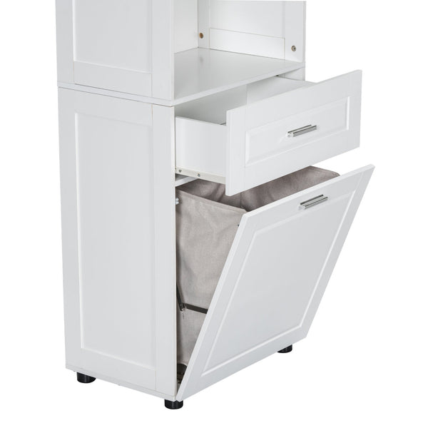 English Elm Tall Bathroom Cabinet with Tilt-Out Laundry Hamper, Adjustable Shelves, Anti-Tip Design & Large Storage White WF323481AAK
