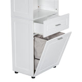 English Elm Tall Bathroom Cabinet With Laundry Basket, Large Storage Space Tilt-Out Laundry Hamper and Upper Storage Cabinet, White