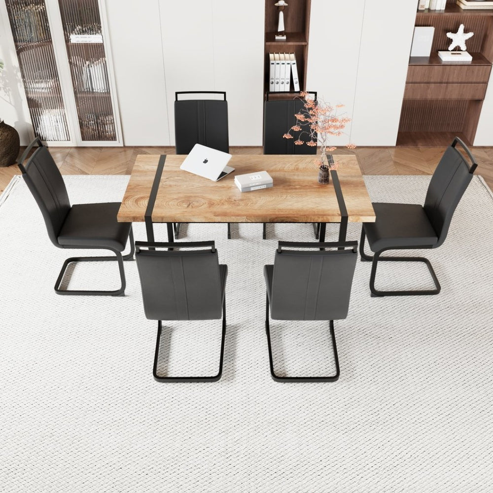English Elm 59 Inch Industrial Farmhouse Dining Set with Mdf Table and Six Upholstered Chairs Wood W2189S00925