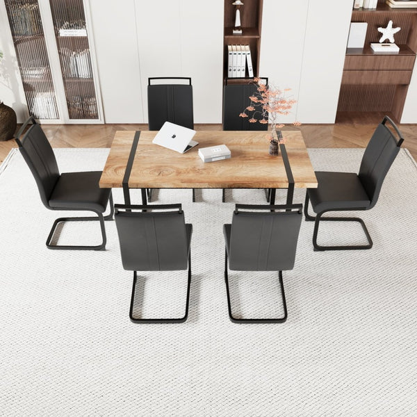 English Elm 59 Inch Industrial Farmhouse Dining Set with Mdf Table and Six Upholstered Chairs Wood W2189S00925