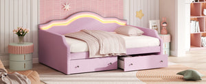 English Elm Full Size Upholstered Daybed With Led Lighting & 2 Storage Drawers, Stylish Pink Velvet Design N7500001852H