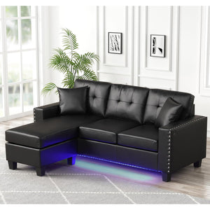 English Elm PVC Reversible Sectional Sofa Chaise with LED Lights, Tufted Cushions, Nailhead Trim & Pillows - Black B016P406048