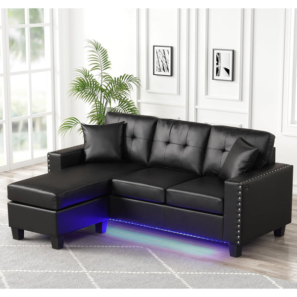 English Elm PVC Reversible Sectional Sofa Chaise with LED Lights, Tufted Cushions, Nailhead Trim & Pillows - Black B016P406048