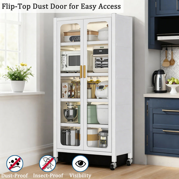 English Elm 65" Kitchen Pantry Cabinet with Transparent Double Doors, 6-Tier Adjustable Metal Shelves on Wheels, White Durable Storage Solution W3204P383016