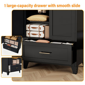 English Elm 60" Powder-coated Steel Wardrobe with Hanging Rod Drawer and Shelf for Slim Spaces W3387P396209