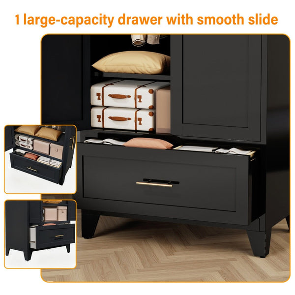 English Elm 60" Powder-coated Steel Wardrobe with Hanging Rod Drawer and Shelf for Slim Spaces W3387P396209