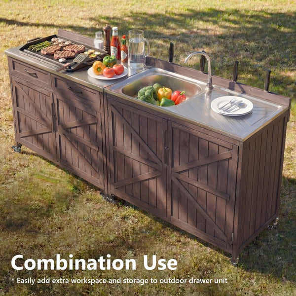 English Elm K&k Outdoor Modular Kitchen Island 2 Piece Fir Wood Stainless Steel Sink Station N707S000024Z