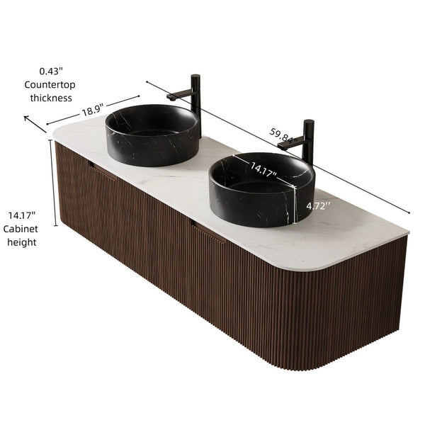 English Elm Dina 60 Inch Floating Bathroom Vanity Sintered Stone Top Dual Glass Basins Wood Grain Black,Carrara White,Walnut W2615S00714