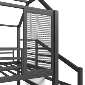 English Elm Full Full House Loft bed with Slide and Stairs, Metal House Play Loft with Storage Shelves and Quiet Design Black W1580S00350