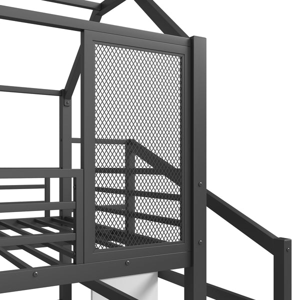 English Elm Full Full House Loft bed with Slide and Stairs, Metal House Play Loft with Storage Shelves and Quiet Design Black W1580S00350