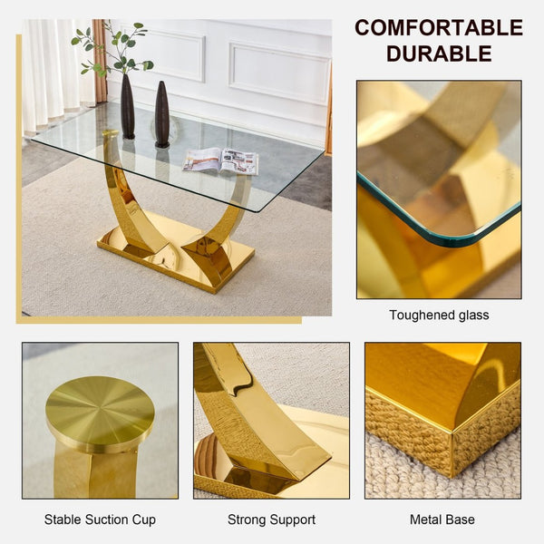 English Elm Large Tempered Glass Dining Table Seats Eight with Gold Plated Stainless Steel Base W1512S00192