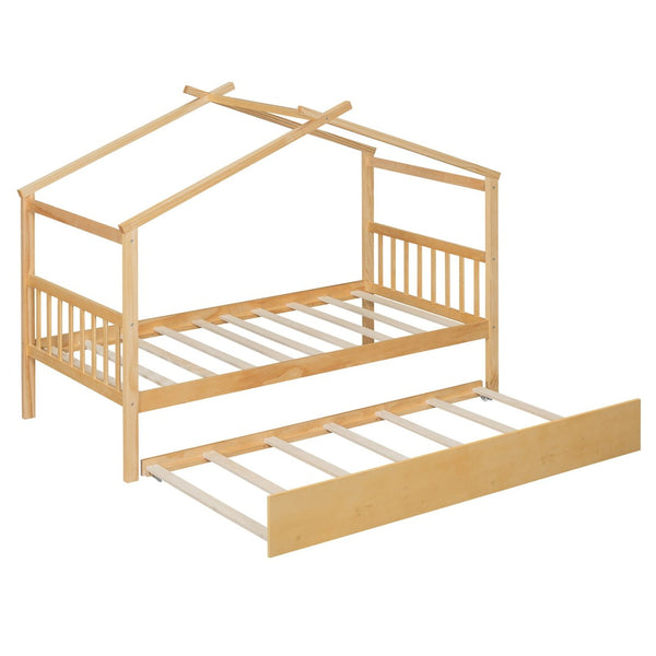 English Elm Twin House Bed Solid Pine Cottage Frame with Pull Out Trundle for Kids Bedroom Natural N708P309238M
