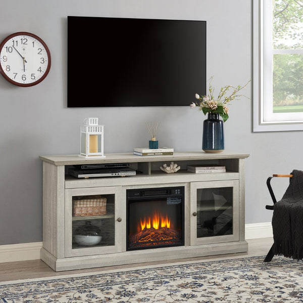 English Elm Contemporary Stone Gray Media Console with Electric Fireplace Insert for Living Rooms W2275S00042