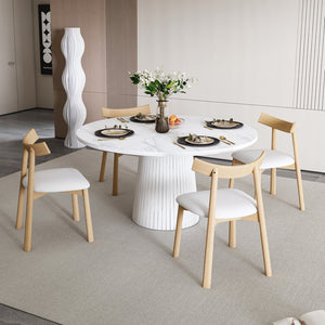 English Elm Retractable Rock Slab Dining Set with Leather Wrapped Base for Compact Apartments White W2700S00127