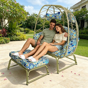 English Elm Double Wicker Egg Chair with Ottoman Bohemian Rattan Outdoor Lounge for Patio T5880P501483