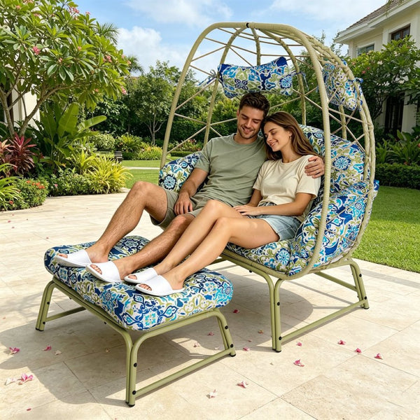 English Elm Double Wicker Egg Chair with Ottoman Bohemian Rattan Outdoor Lounge for Patio T5880P501483