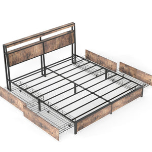 English Elm Queen Metal Platform Bed with Rgb Led Headboard Charging Station and Underbed Storage T3963P482840