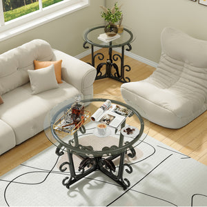 English Elm 3-Piece Glass Coffee Table Set with Tempered Tops, Black Metal Frame, Nesting Space-Saving Design W2735P332167