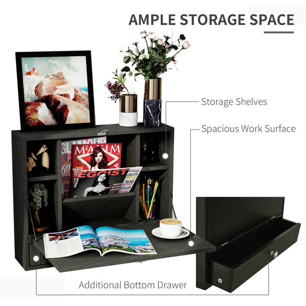English Elm Wall Mounted Fold Down Floating Desk with Storage Shelves for Home Office Nooks T3971P387001