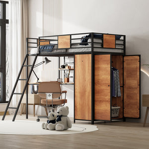 English Elm Twin Loft Bed with L-Shaped Desk and Wardrobe — Space-Saving Iron & Wood Design for Study & Storage Black SF000168AAB