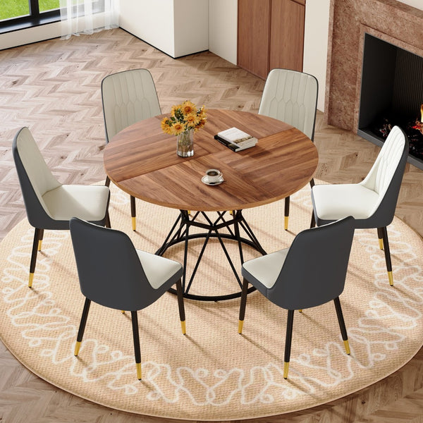 English Elm Table and Chair Set Round Walnut Mdf Dining with Six Two-tone Pu Seats Gold Legs W1151S04844