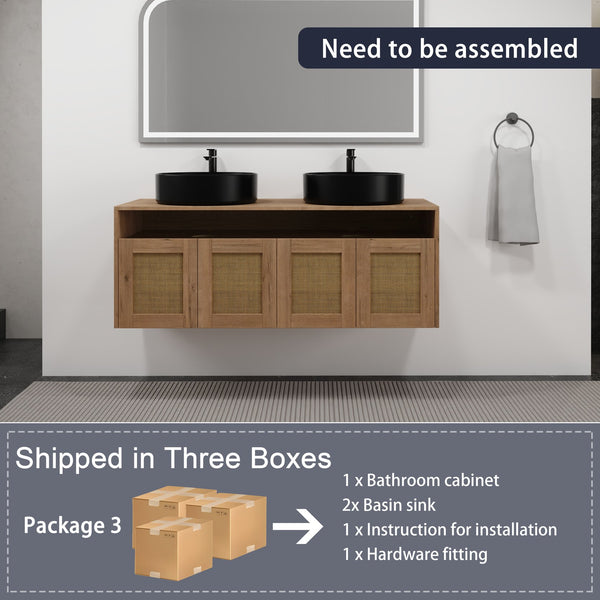 English Elm 48" Modern Wall-Mounted Bathroom Vanity With Black Ceramic Art Sink & Soft-Close Doors, Plywood W999S00400