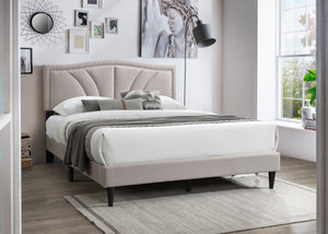English Elm Modern Queen Burlap Platform Bed with Curved Tufted Headboard, Nailhead Trim and Sturdy Slat Base Light Brown 67 L x 31 W x 6 H B011P238963