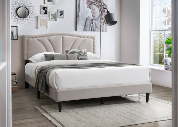 English Elm Modern Queen Burlap Platform Bed with Curved Tufted Headboard, Nailhead Trim and Sturdy Slat Base Light Brown 67 L x 31 W x 6 H B011P238963