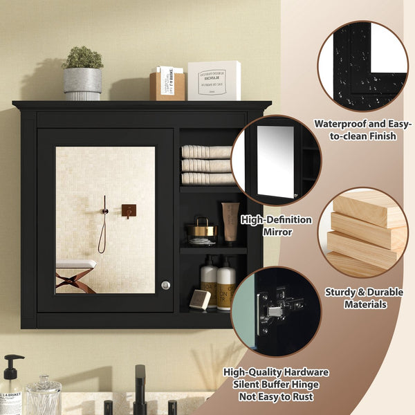 English Elm 30'' Modern Medicine Cabinet with Mirror and Adjustable Shelves, MDF Wall-Mounted Bathroom Storage Solution Black N710P192495B