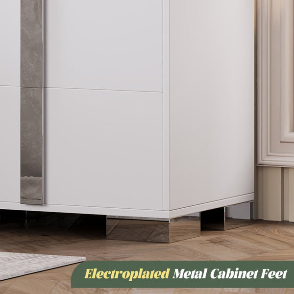 English Elm Modern Two Drawer Nightstand with Slim Metal Legs and Mirrored Bar Handles for Bedroom White W5271P416538