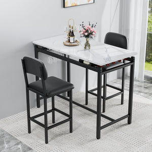 English Elm Kitchen Bar Table Set for 2 with Padded PU Chairs, Rustic Black & Grey 3-Piece High Dining Set, Sturdy Steel Frame, Space-Saving for Apartments W578P150069