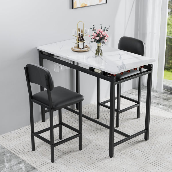 English Elm Kitchen Bar Table Set for 2 with Padded PU Chairs, Rustic Black & Grey 3-Piece High Dining Set, Sturdy Steel Frame, Space-Saving for Apartments W578P150069