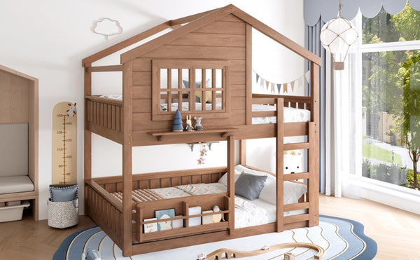 English Elm Full Bunk Bed with Trundle Bookshelf Storage Pine Frame Car Design for Kids Natural W1580S00522