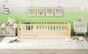 English Elm Twin Size Montessori Floor Bed With High Security Barrier & Child-Friendly Door - Natural Wood W1858P195272-GIGA