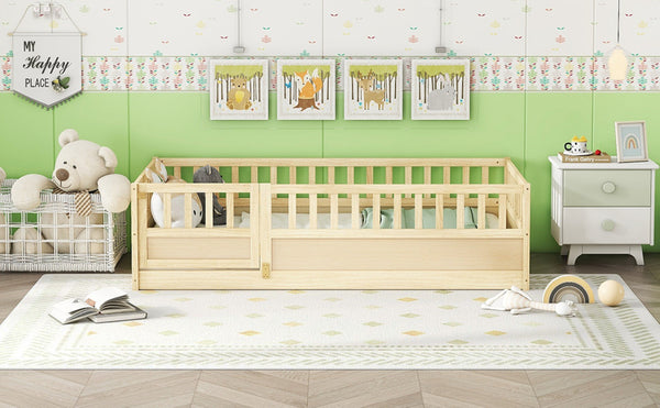 English Elm Twin Size Montessori Floor Bed With High Security Barrier & Child-Friendly Door - Natural Wood W1858P195272-GIGA