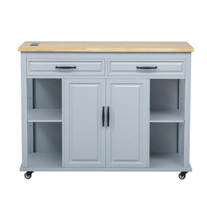 English Elm K&k Farmhouse Kitchen Island Extendable Table Rubber Wood Veneer Built-in Charging Storage Grey+Blue N707S215327G