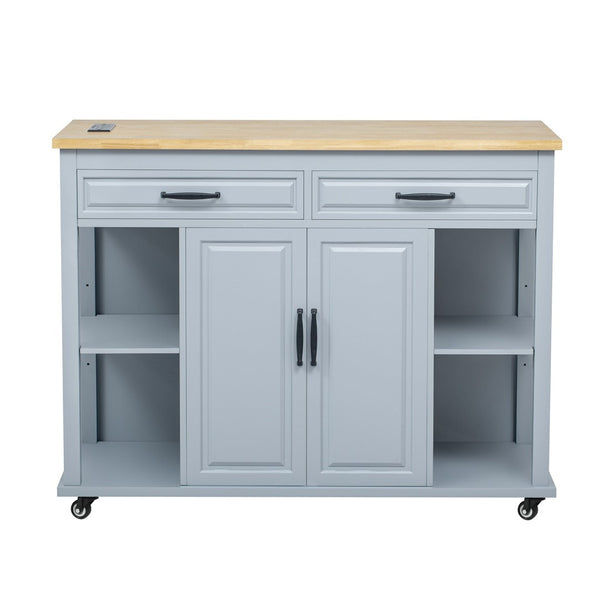 English Elm K&k Farmhouse Kitchen Island Extendable Table Rubber Wood Veneer Built-in Charging Storage Grey+Blue N707S215327G