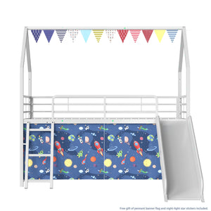 English Elm Jack Metal Junior Twin Loft Bed With Slide, Curtain Set, Pennant Banner & Star Stickers - White/Blue B083P354664